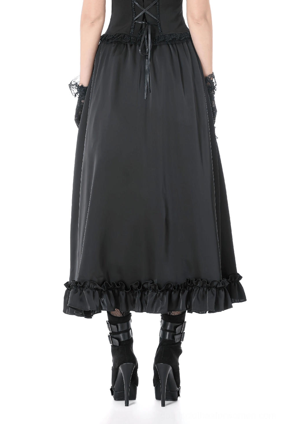 Black gothic maxi skirt rear back view showing drawstring corset waist detail and dramatic ruffled hem