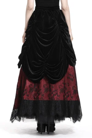 Gothic velvet and lace maxi skirt back view showing ruched panel and elastic waistband
