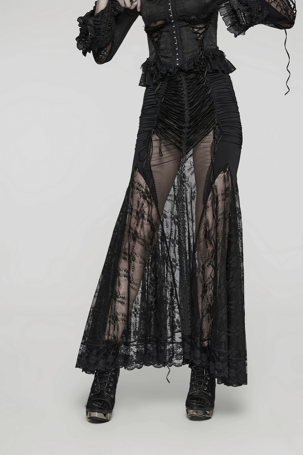 Gothic lace maxi skirt construction detail showing premium mesh and lace fabric blend