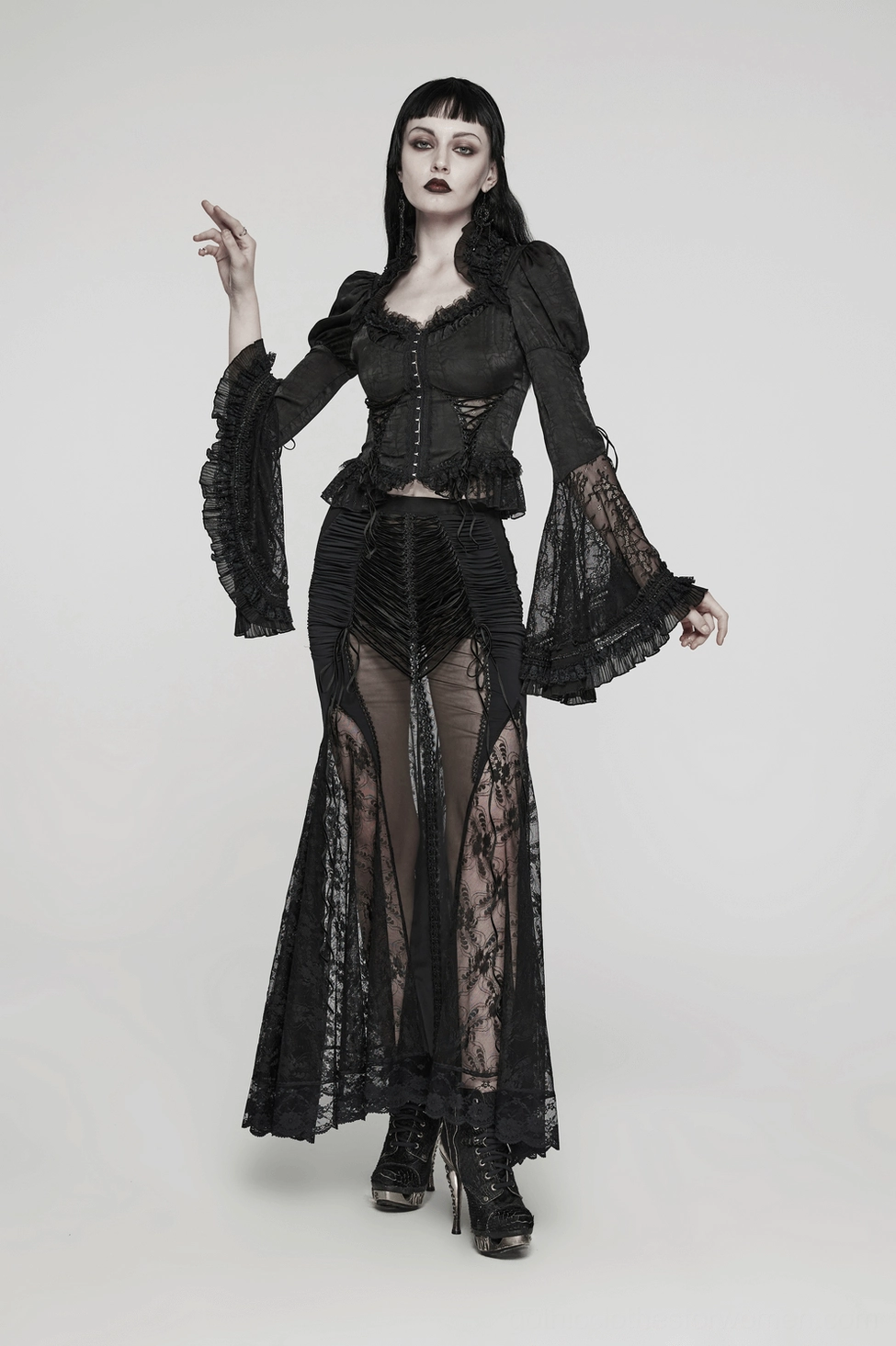 Premium black lace gothic fishtail maxi skirt with strategic sheer panels, texture and weave detail
