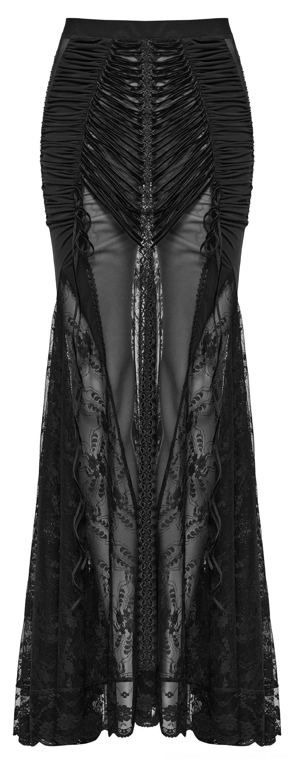 Gothic sheer lace fishtail skirt with ruched bodice and floor-length hem, flat lay product shot