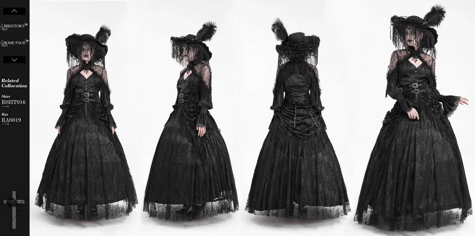 Black gothic lace maxi skirt complete styled look demonstrating elegant alternative fashion aesthetic