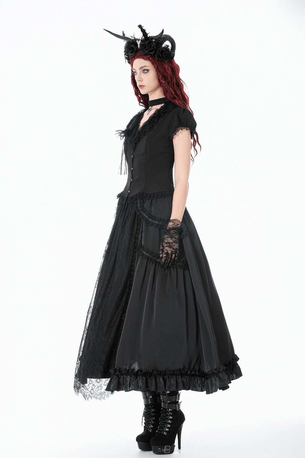 Black gothic maxi skirt alternative angle view highlighting lace detailing and Victorian-inspired design