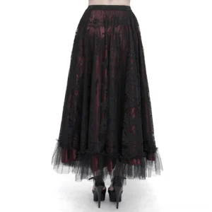 Rear view of wine red gothic lace skirt featuring two-tone black and wine red floral lace fabric with ruffled hem detail