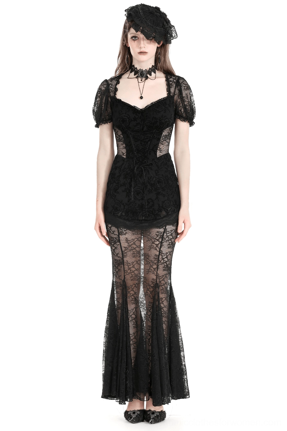 Black gothic lace mermaid dress with velvet corset bodice, puff sleeves, and embossed rose floral details, front full-body view on model