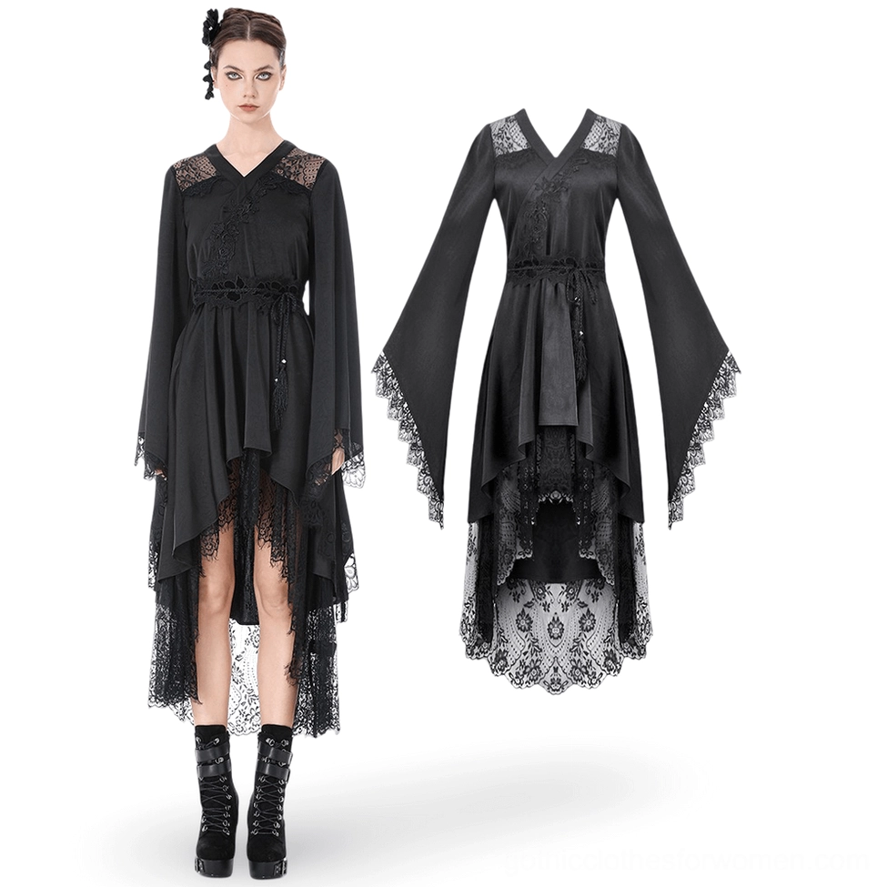 Black gothic lace kimono dress asymmetrical high-low skirt detail with sheer lace overlay