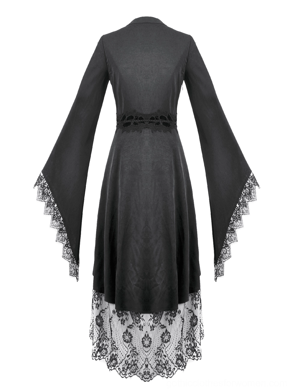 Back flat lay of gothic high-low lace midi dress showing tailored back and layered hem