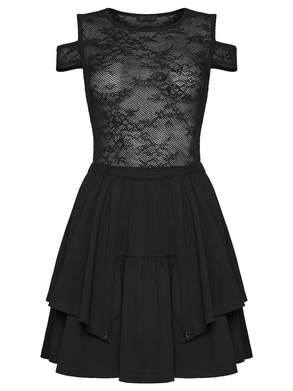 Front flat lay view of gothic lace mini dress with tiered ruffle skirt and sheer bodice