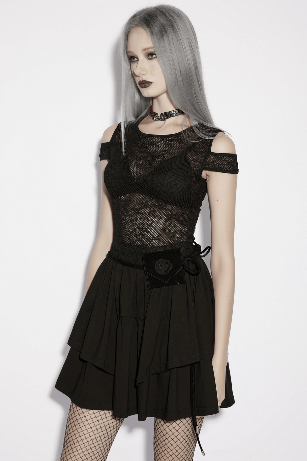 Gothic lace mini dress with hanging front panels and asymmetrical ruffle hem details