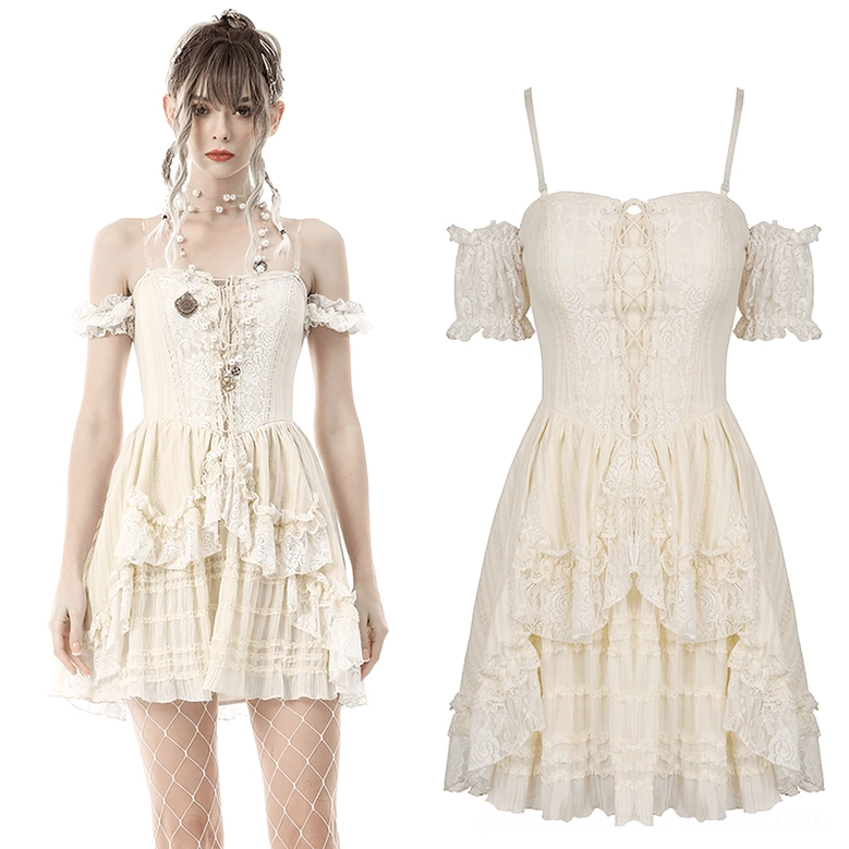 Lace gothic mini dress with ruffled sleeves - front full-length view on model wearing decorative chest pendant and showing layered ruffles