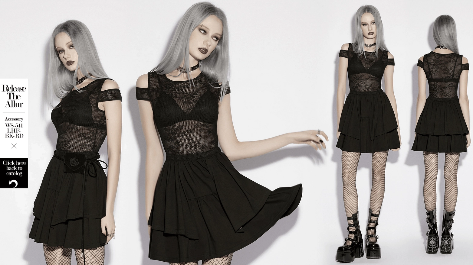 Full-length side view of gothic cold shoulder lace mini dress with floral lace pattern