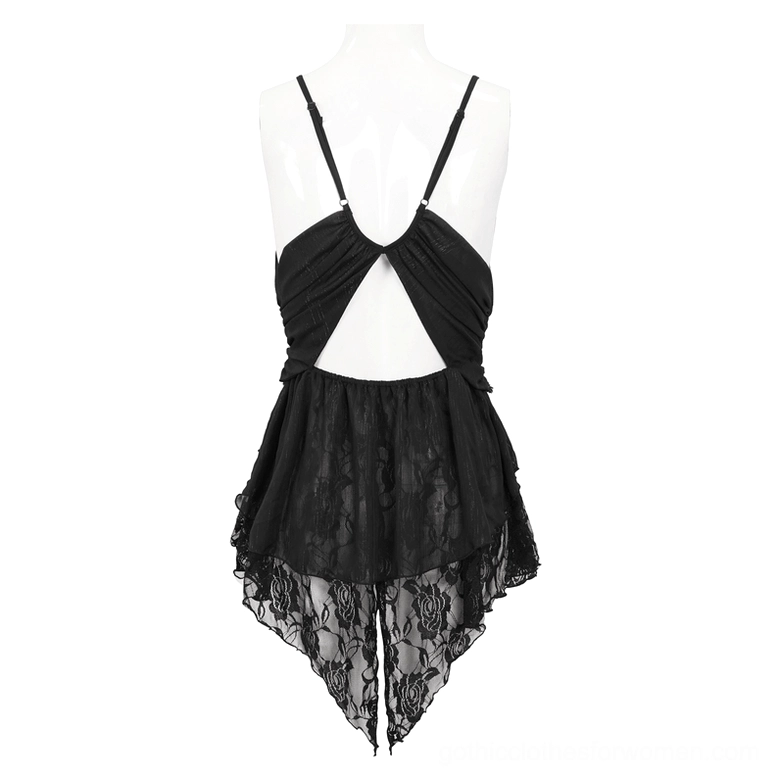 Black sheer lace gothic nightdress with chain front cutout detail, side three-quarter view