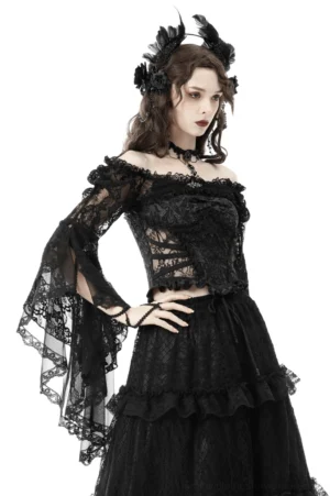 Black gothic lace off-shoulder bolero top three-quarter side view with corset-style bodice and dramatic bell sleeves
