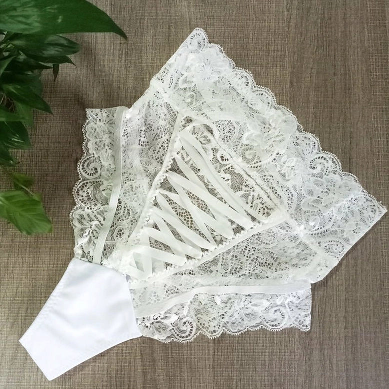 Gothic high-waist lace panties detail shot showing delicate scalloped lace edges and breathable spandex blend construction