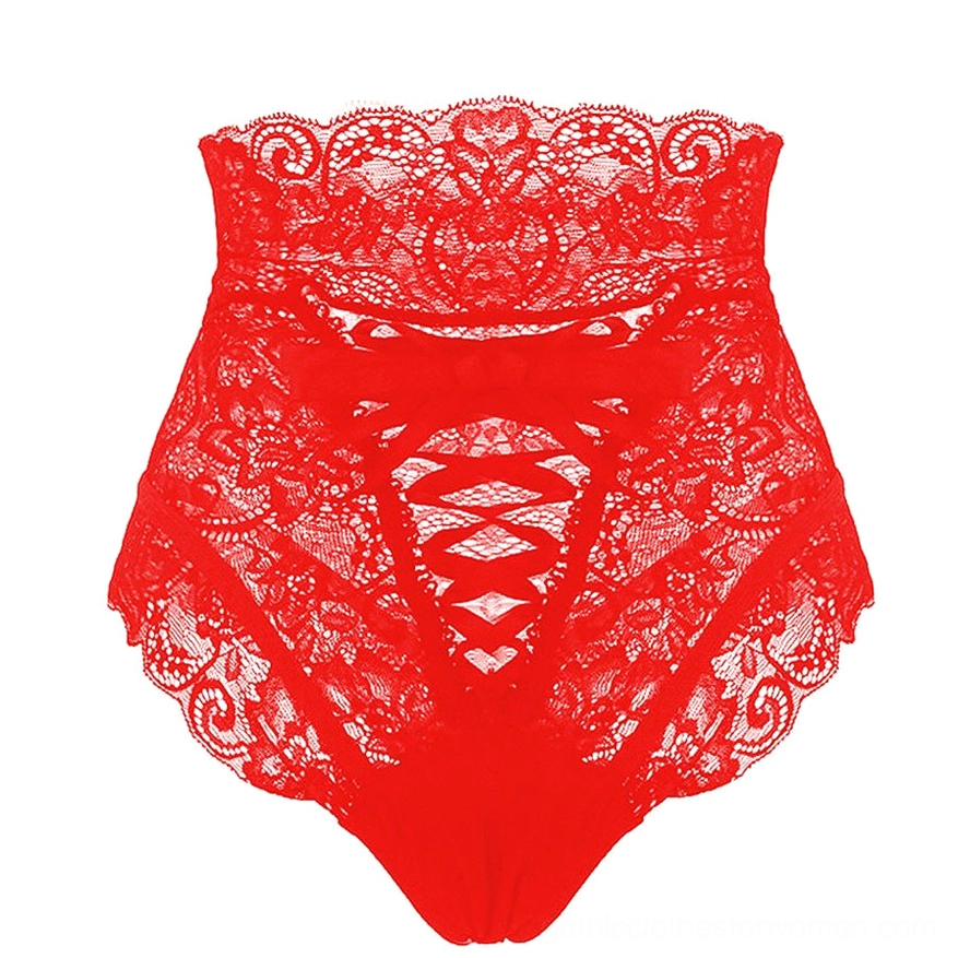 Red gothic high-waist lace briefs with sheer floral lace and hollow lace-up front detail