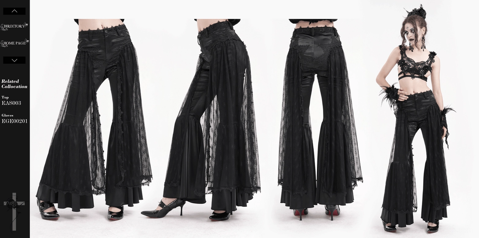 Black lace bell-bottom gothic pants draping and movement demonstration on figure showing dramatic silhouette