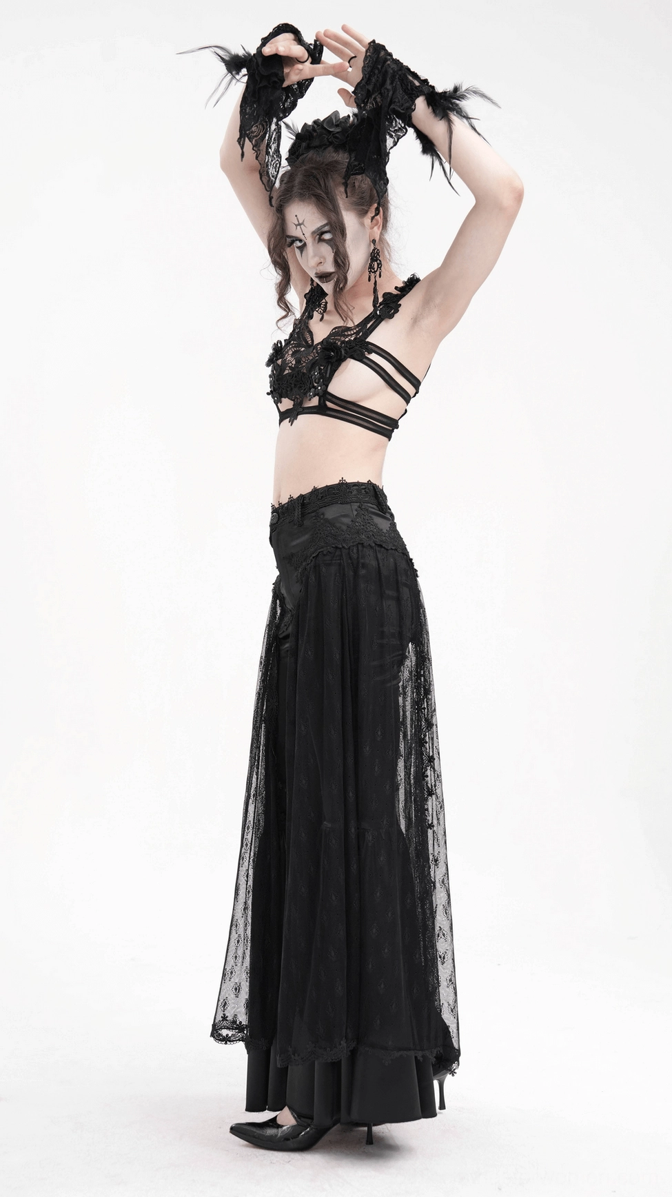 Gothic lace bell-bottom pants satin accents detail showing premium fabric quality and refined craftsmanship