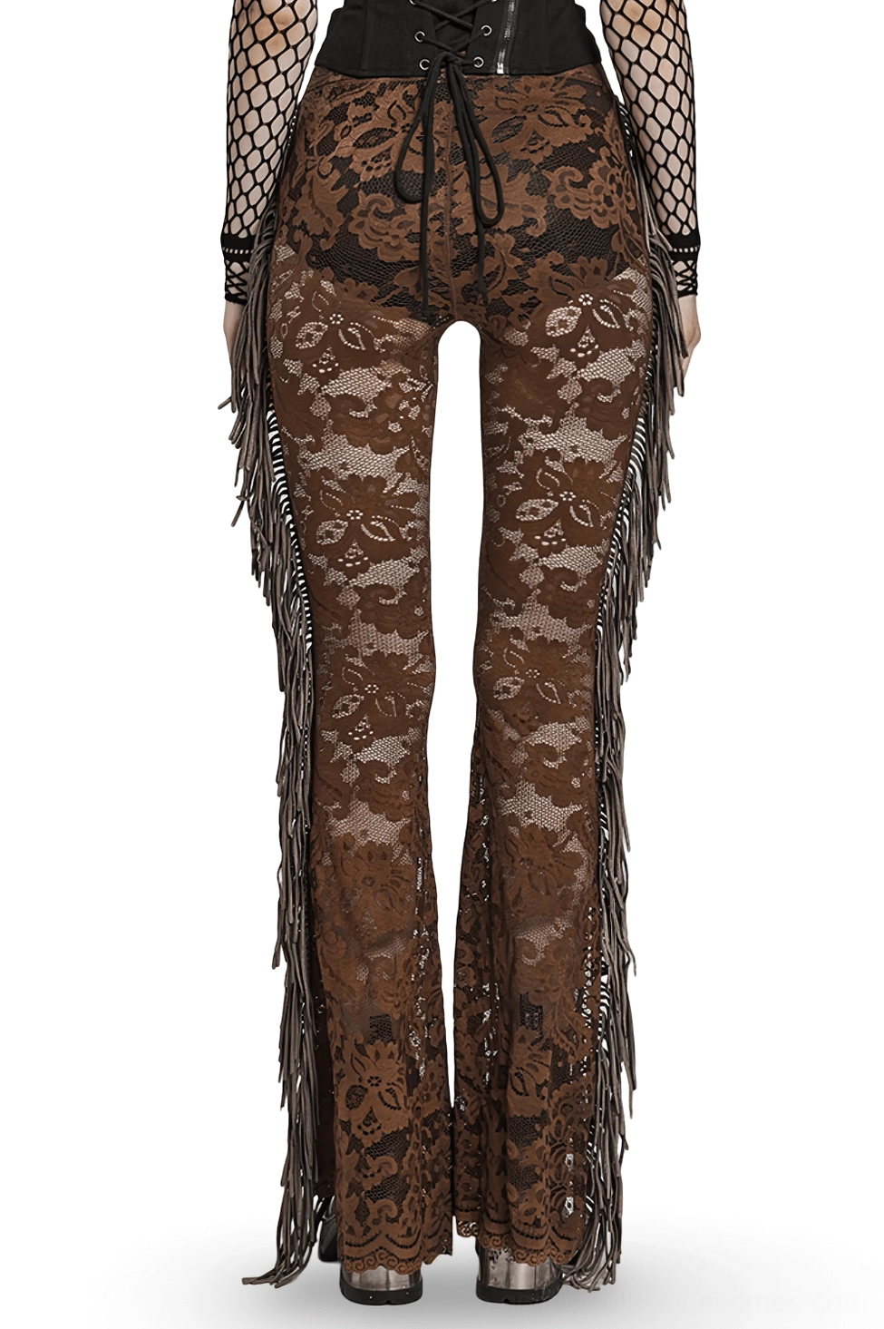 Gothic lace flare pants with high waist drawstring design and decorative fringe, styled with corset accessories and sheer fabric details