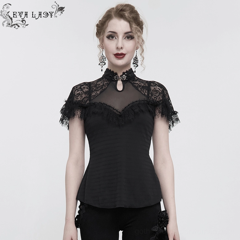 Black gothic lace raglan sleeve t-shirt texture close-up showing knit and lace composition
