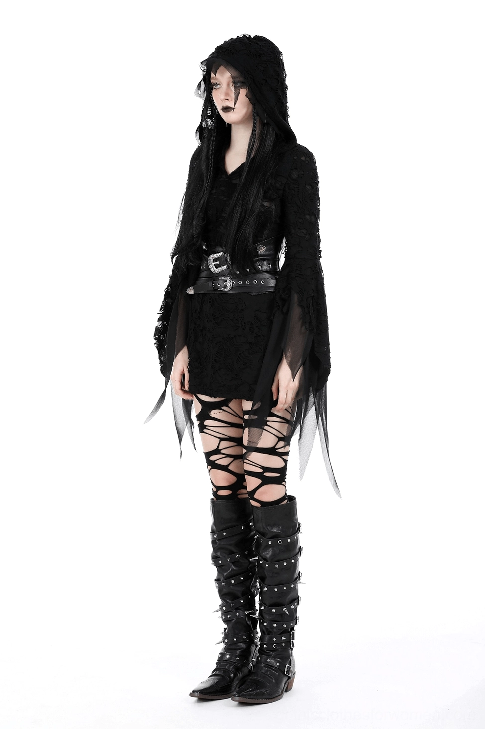 Black sheer lace ripped gothic hoodie detail shots - intricate lace and rip construction