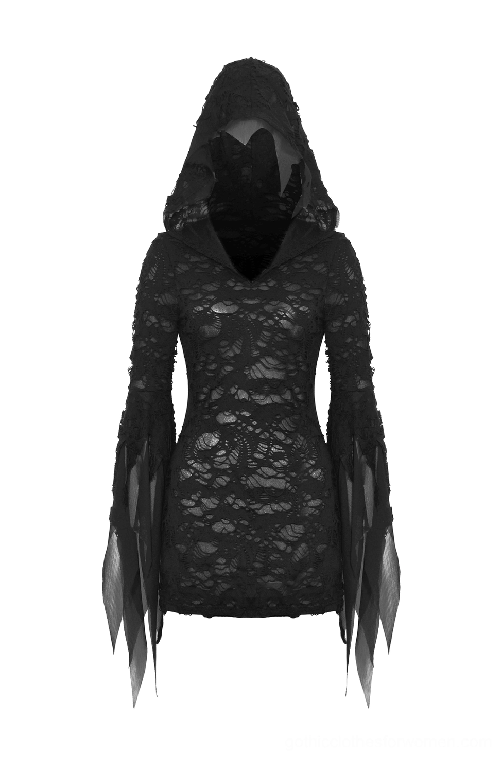 Black sheer lace ripped gothic hoodie flat lay front - hooded design with hollow-out lace and split flowing sleeves