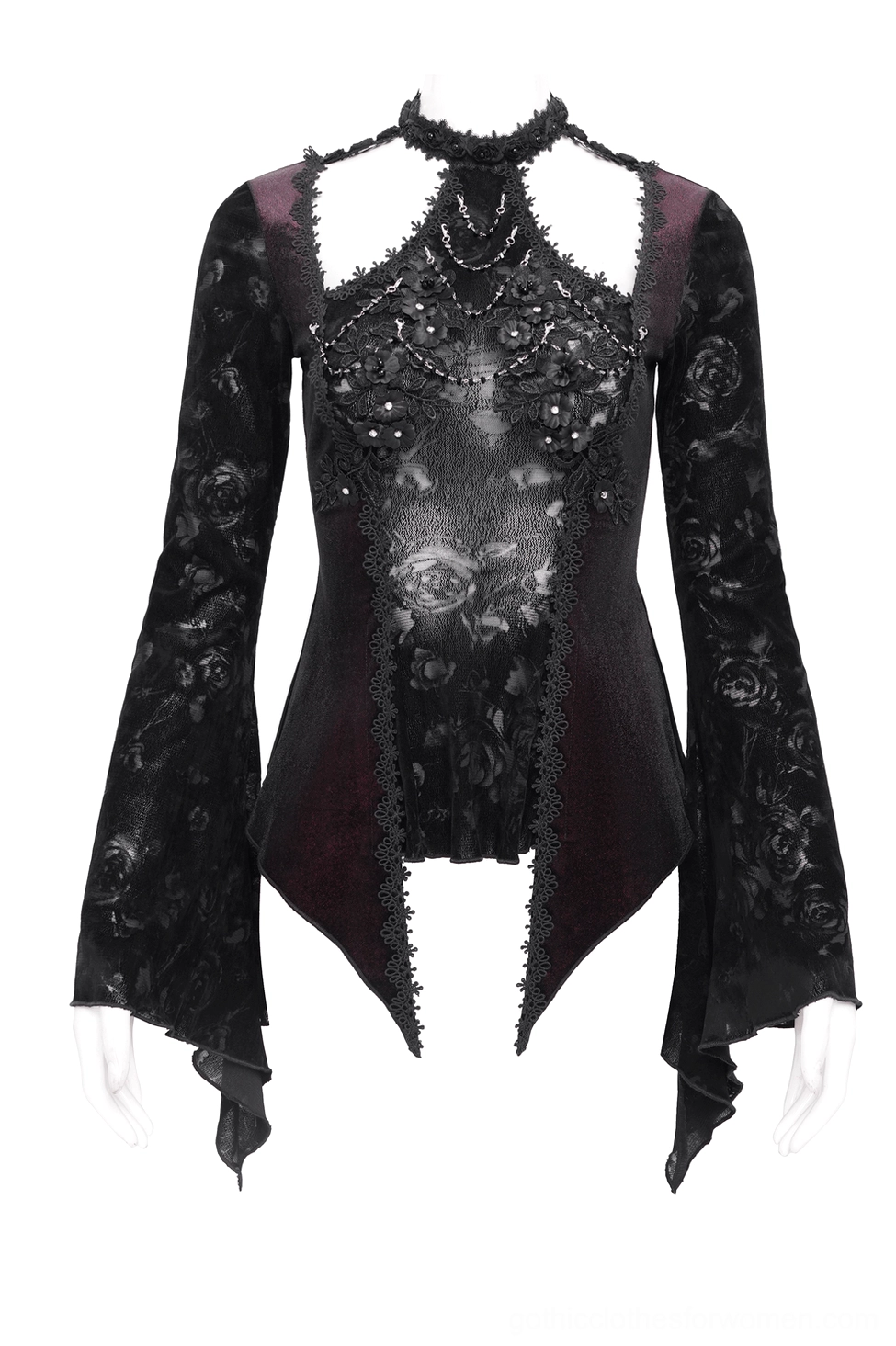 Gothic lace bell sleeve top front display - sheer floral lace with metal chain accents and decorative rose appliqués on mannequin