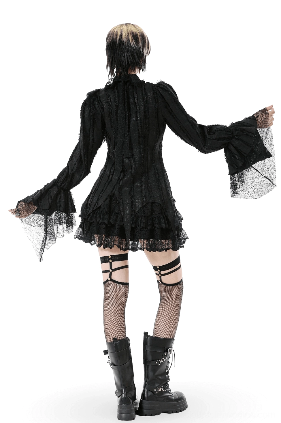 Black gothic lace ruffle blouse back view on model, showcasing layered ruffle back panel and long lace-trimmed sleeves