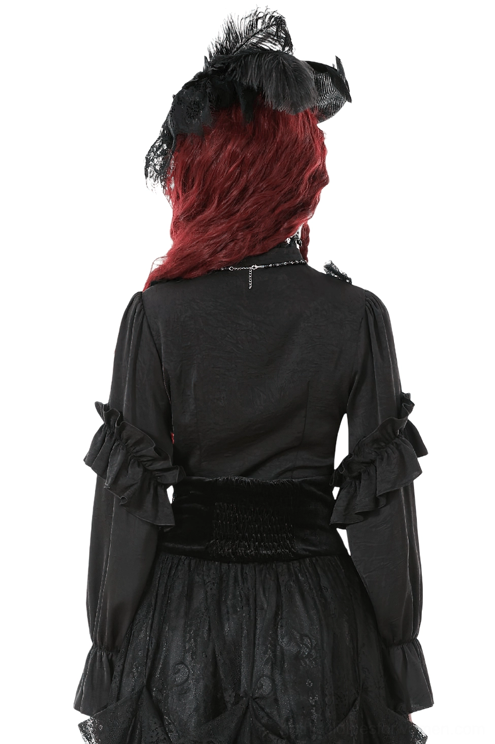 Black gothic ruffle blouse back view showing ruffled cuffs, velvet waist detail and back neck ornament on model