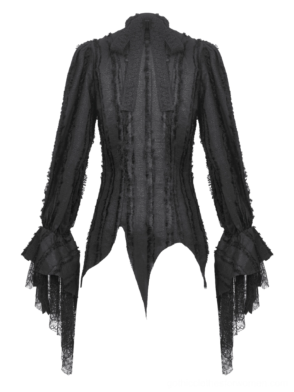 Black gothic lace ruffle blouse flat lay back view, displaying fitted tailored silhouette and long lace-trimmed sleeve construction