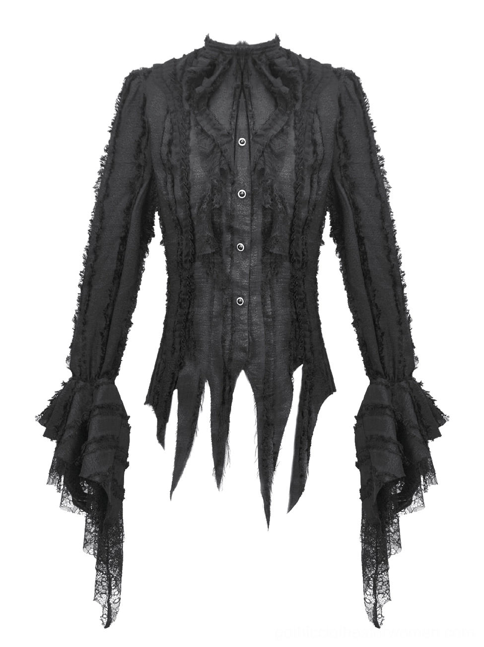Black gothic lace ruffle blouse flat lay front view, showing pointed uneven hemline, front button placket, and frayed fabric trim details