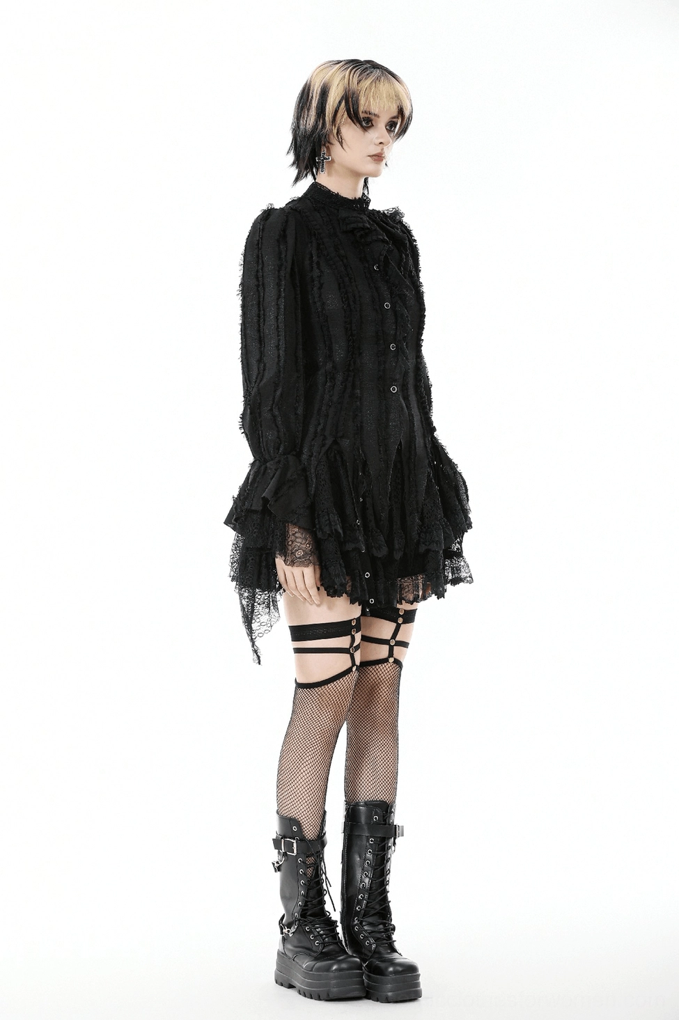 Black gothic lace ruffle blouse full view, featuring all signature design elements including ruffles, lace details, and irregular hemline