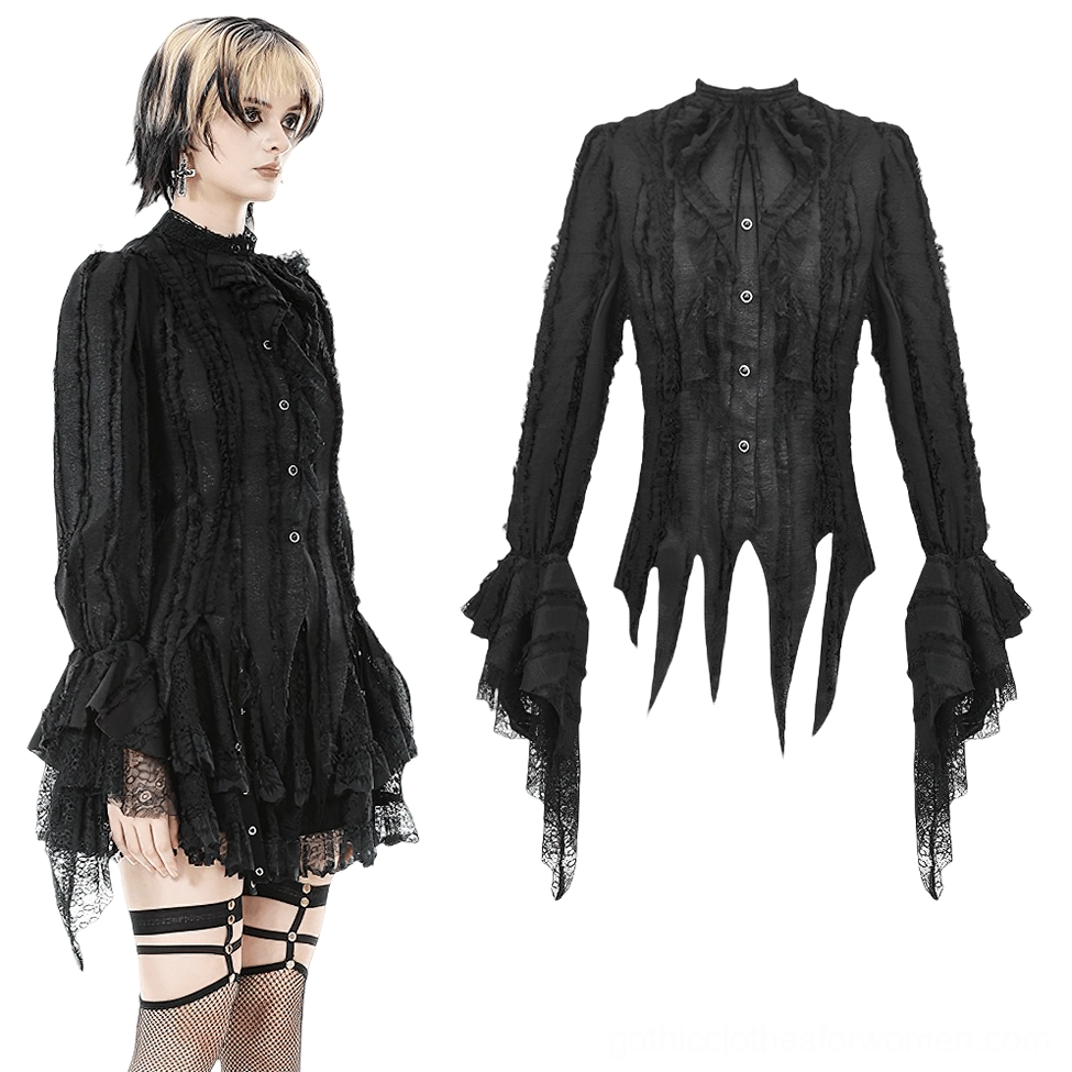 Black gothic lace ruffle blouse side view on model, displaying fitted silhouette, ruffled collar, and sheer lace cuff trim details