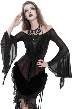Black wine red gothic off-shoulder lace ruffle top front three-quarter view with sheer bell sleeves on model