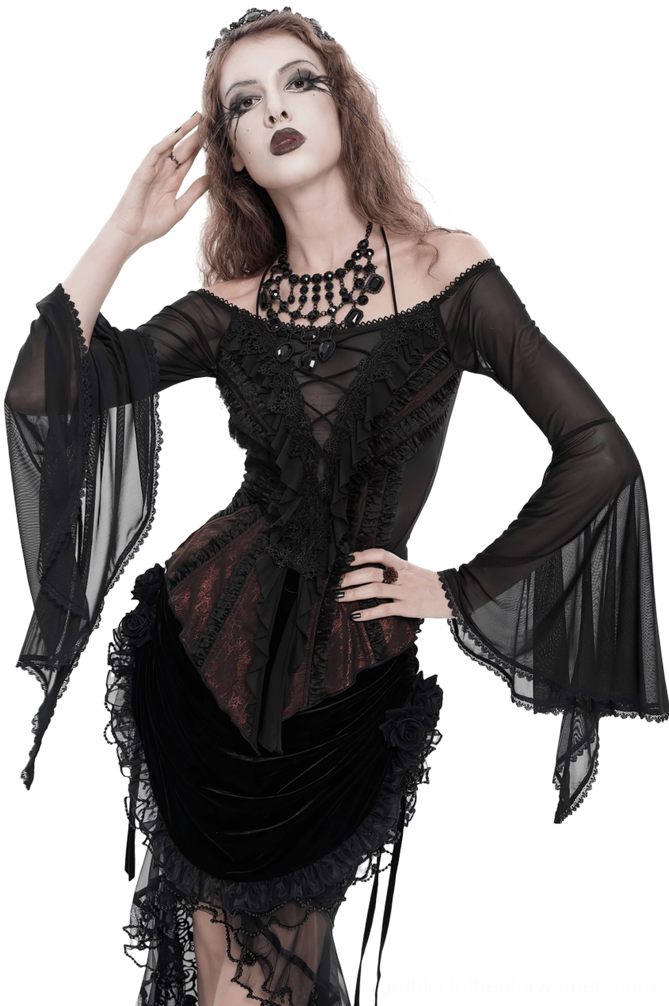 Black wine red gothic off-shoulder lace ruffle top front three-quarter view with sheer bell sleeves on model