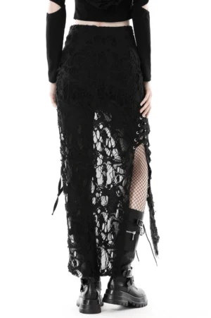 Black gothic lace side-laced maxi skirt back view displaying sheer lace back panel and side lace straps