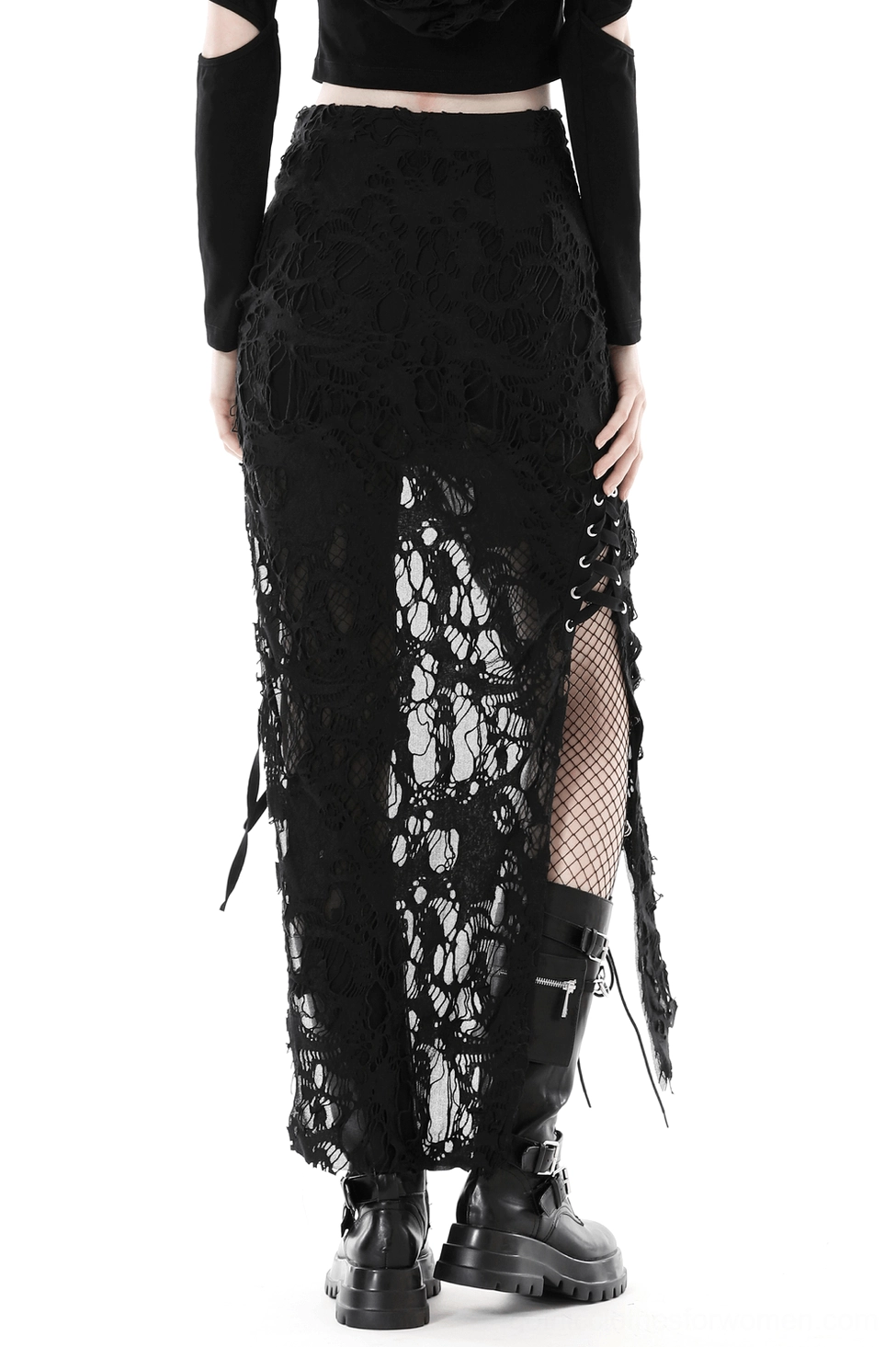 Black gothic lace side-laced maxi skirt back view displaying sheer lace back panel and side lace straps