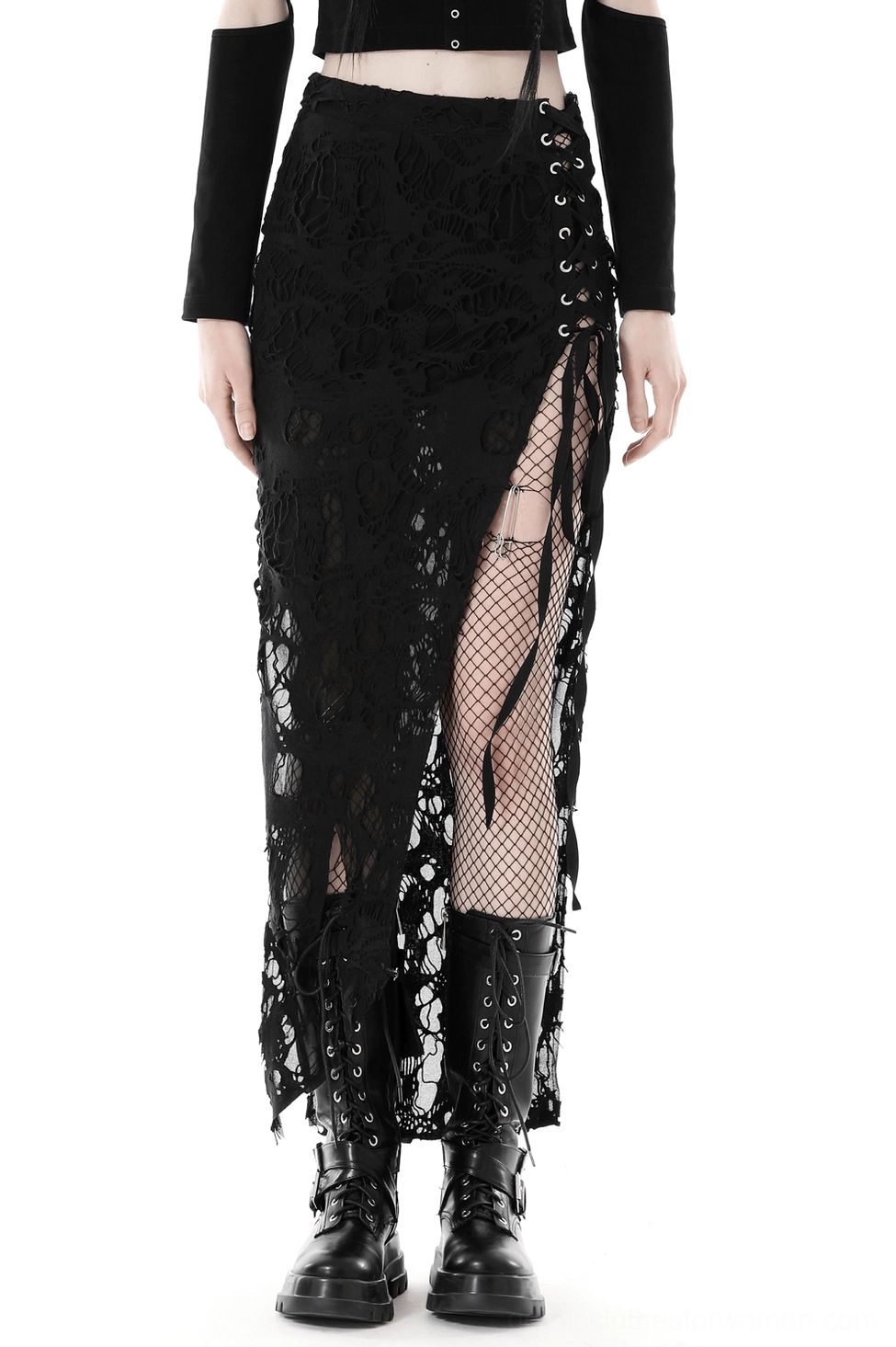 Black gothic lace side-laced maxi skirt front view on model showcasing high side split and sheer lace overlay