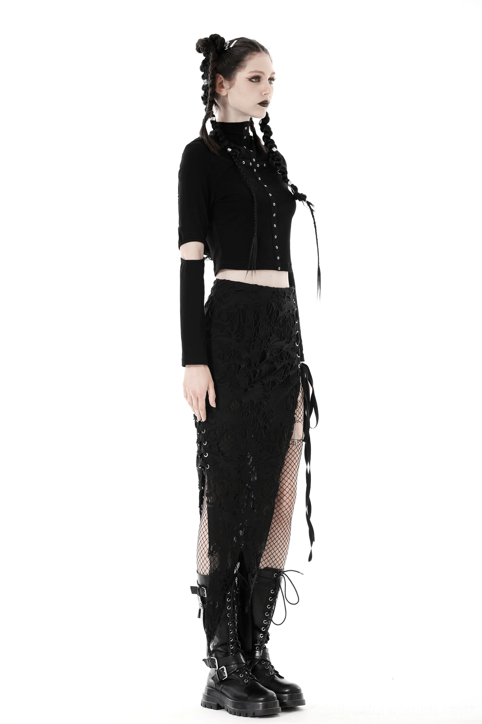 Black gothic lace side-laced skirt complete product view emphasizing design craftsmanship and gothic appeal