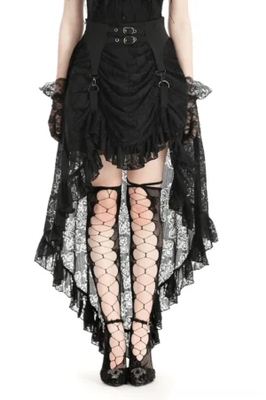 Black asymmetrical lace gothic skirt front full view with buckled high waist and ruffled hem