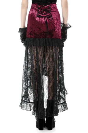 Gothic high-low skirt rear view showing corset lace-up back detail and tiered black lace fishtail hem
