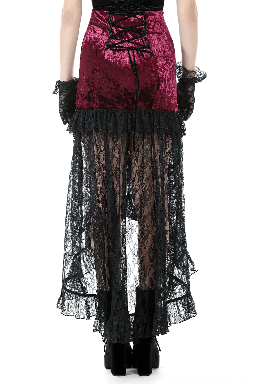 Gothic high-low skirt rear view showing corset lace-up back detail and tiered black lace fishtail hem