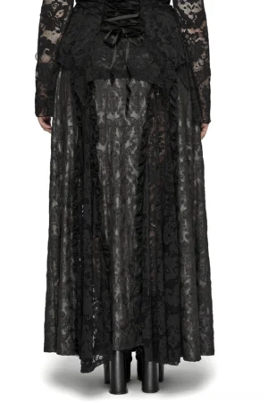 Black gothic lace skirt back view showing bowknot detail and floor-length hem with ruffled lace trim