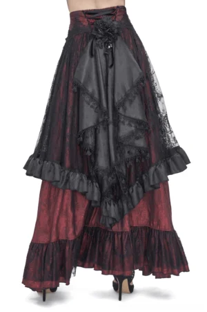 Black lace apron trim and layered ruffled hem detail of Victorian gothic maxi skirt back view with heels