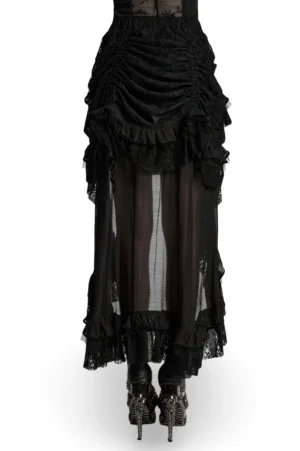 Gothic ruffled high-low skirt rear view on model showcasing sheer chiffon panels and ruched fabric details