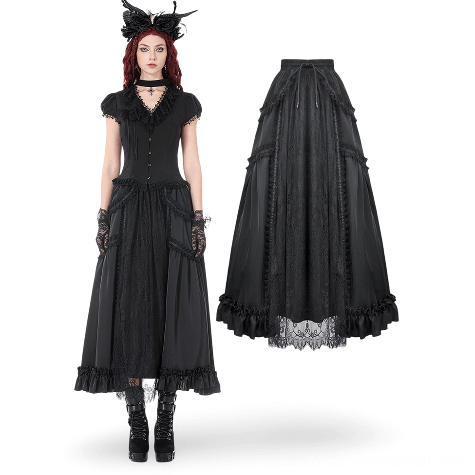 Black gothic lace maxi skirt full front styling with accessory headpiece and flat lay product detail view