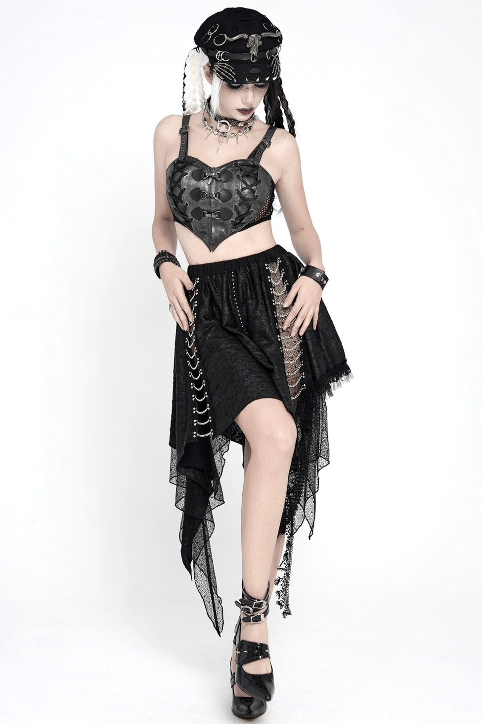 Black gothic lace midi skirt product view emphasizing the contrast chain trim and flowing asymmetric silhouette