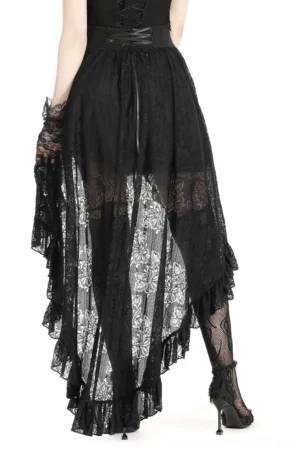 Black gothic skirt back view showing corset-style waist and sheer floral lace panel