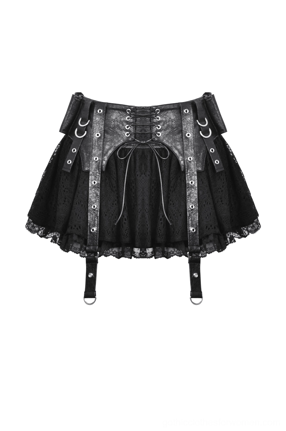 Black faux leather corset front detail of gothic lace skirt flat lay, showing metal grommet lacing and hanging buckle straps