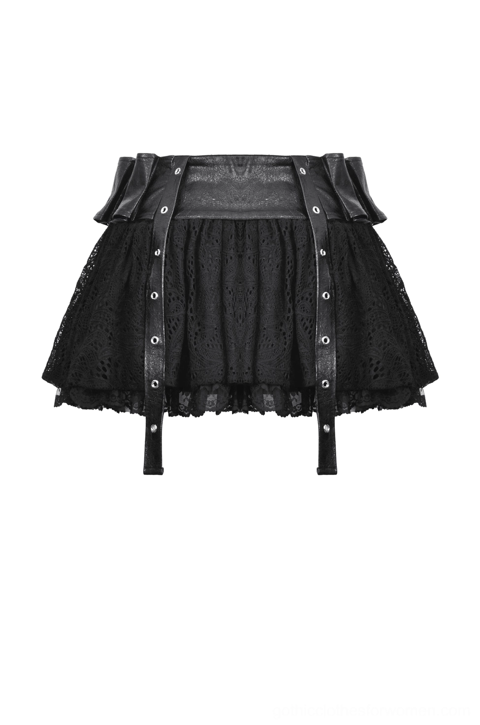 Black gothic lace skirt rear flat lay view, displaying faux leather waist panel and metal grommet strap accents