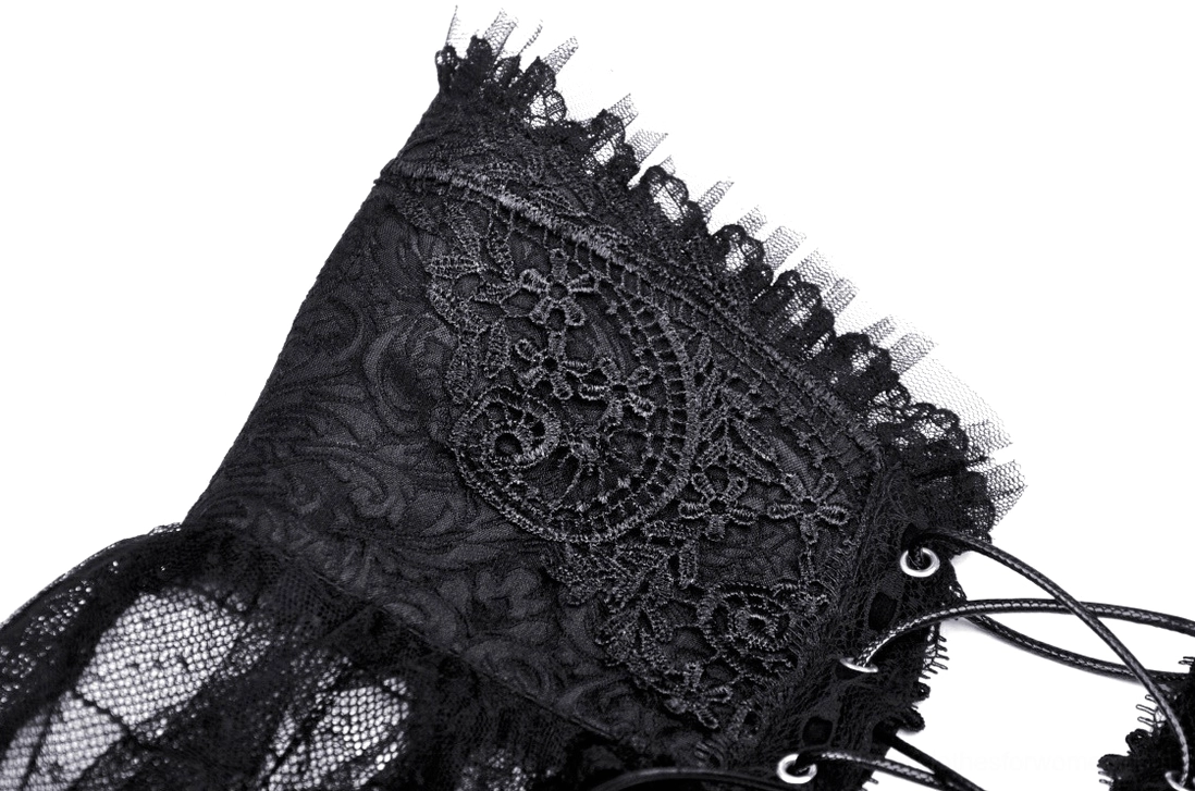 Front close-up of black gothic lace skirt corset showing floral lace, metal eyelets, and leather lace cords